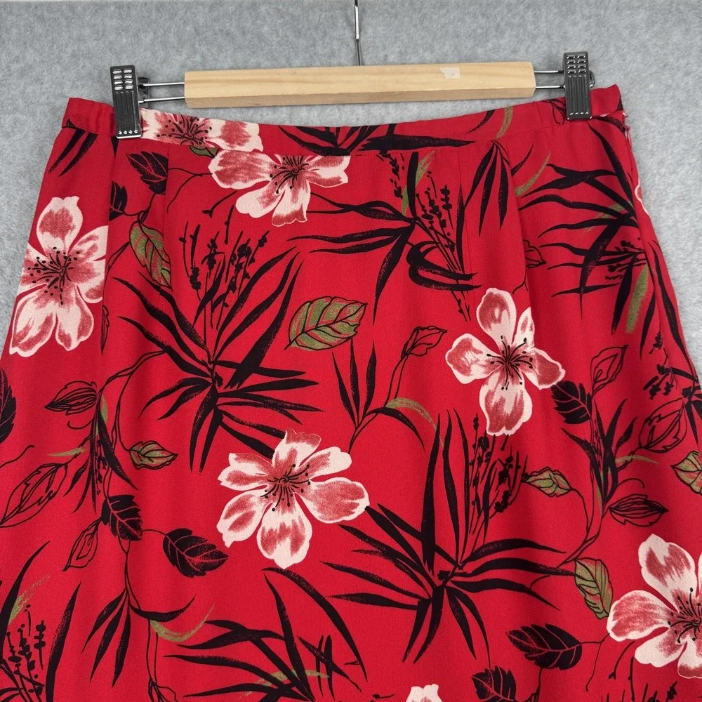 Pendleton Midi Skirt Womens 16P Red Floral Tropical High Low Ruffle Hem Tropical